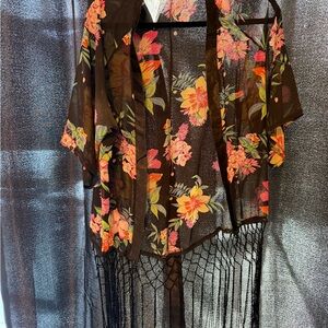 Floral Sheer Kimono with Fringe